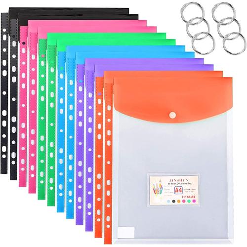 12 Pochette Porte-Document A4, Pochettes Plastique A4 Transparente Pochettes Perforées Extensibles A4 Avec Bouton Pression Pour Classement Travail Bureau Maison 6 Couleurs