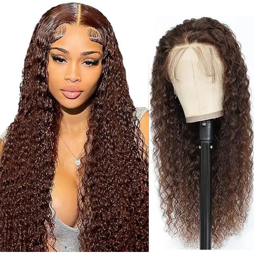 Human Hair Wig 4x4 Lace Wig Deep Brown Wig Water Wave Perruque Femme Naturelle Perruque Bresilienne Top Swiss Lace Pre Plucked Natural Hairline Lace Closure Wig 10 Pouce