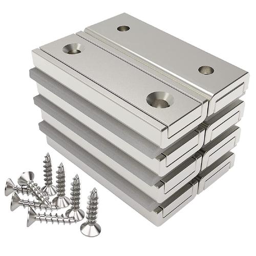 8 pièces Aimants rectangulaires 20 KG force 40 x 13,5 x 5 mm avec trou fraisé et capsule, aimant en pot ménager et industriel avec vis