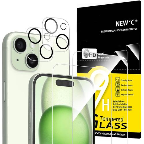 Lot De 4, 2 X Verre Trempé Pour Iphone 15 (6.1"") Et 2 X Protection Caméra Arrière - Anti Rayures - Sans Bulles D'air -Ultra Résistant - Dureté 9h Glass