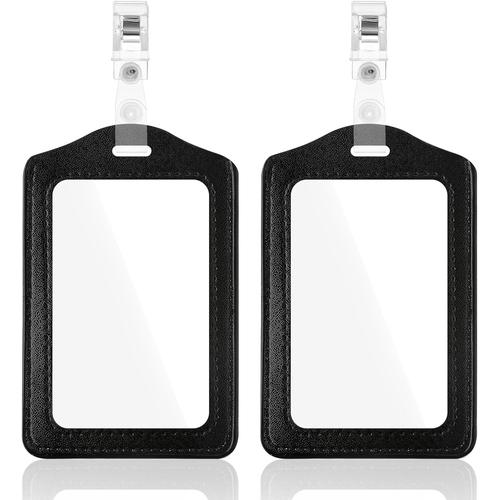 Lot de 2 porte-badges en cuir double face avec clip vertical pour le travail l'école le personnel de bureau Noire