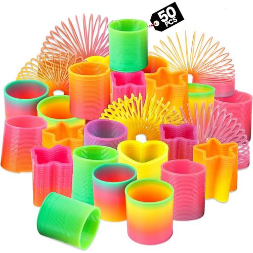 Arc-En-Ciel Lot Ressorts Jouets Arc-En-Ciel - (Lot De 50) Mini Jouets Ressort Magique Plastique - Couleurs Et Formes Vives, Goodies Anniversaire Enfants, Prix De Fête Et Chaussettes De Noël Pour