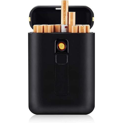 Black Noir Boîte à Cigarettes Plus Légère, étui à Cigarettes Ordinaire, Briquets USB, Rechargeable sans Flamme, Coupe-Vent, Portable, sans Gaz,Noir