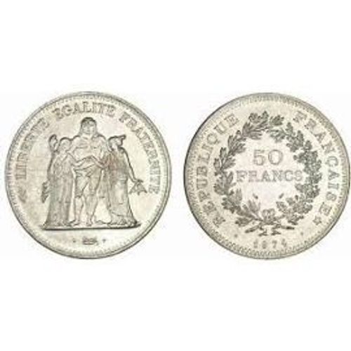 Pièce Neuve Non Circulée 50 Francs Français 1974 Hercule 30 Grammes Argent Avers Liberté Égalité Fraternité Revers 50 Fr République Française Tranche Étoiles Et Poinçons Diamètre 41mm Côte 160 Euros