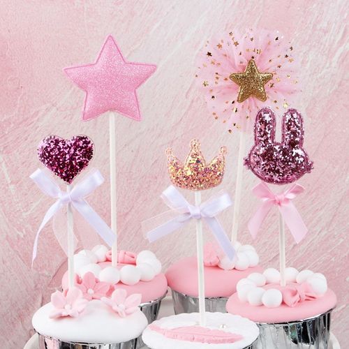 Lapin Couronne Étoile Rose En C¿Ur 5 Pièces/Lot Décoration Pour Gâteau D'anniversaire Cupcake Décoration Réception-Cadeau Pour Bébé Fête D'anniversaire Pour Enfants Accessoire De Mariage
