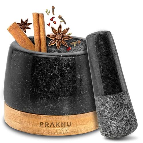 Granit Anthracite Mortier Petit Avec Pilon Pour La Cuisine - En Granit - Pour Épices Et Herbes Aromatiques - Avec Dessous De Plat En Bois Fsc