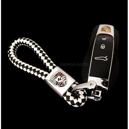 Porte-Clé En Cuir Noir/Blanc Porsche Macan/Panamera/Carrera/Cayenne/Cayman