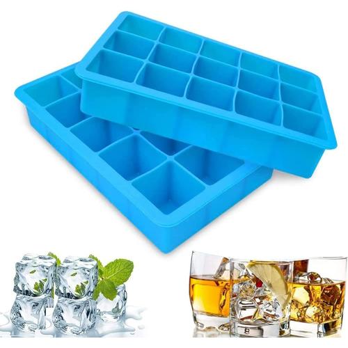 Bleu Lot De 2 Bacs À Glaçons En Silicone, Faciles À Démouler, 15 Glaçons Par Plateau Pour Chocolat, Whisky, Cocktail, Toutes Boissons (Bleu)