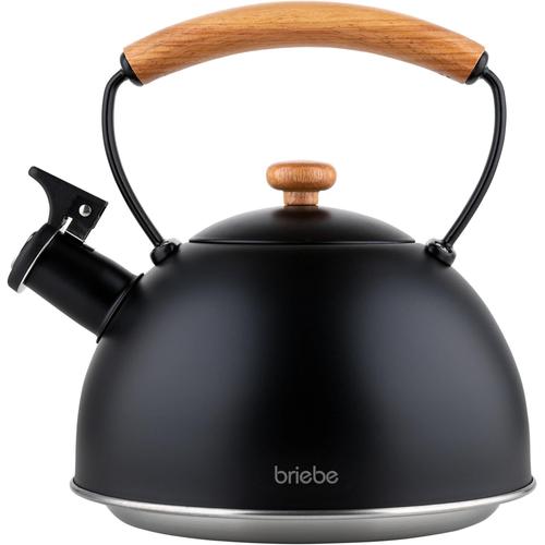 Noir Nordic Bouilloire Induction Sifflante, Retro, Acier Inoxydable, 2,3 L, Tout Feux: Plaque Vitrocéramique, Gaz, Électrique, Poignée En Bois Cool Touch, Vintage, Pour Thé, Café, Tea Pot, Noir