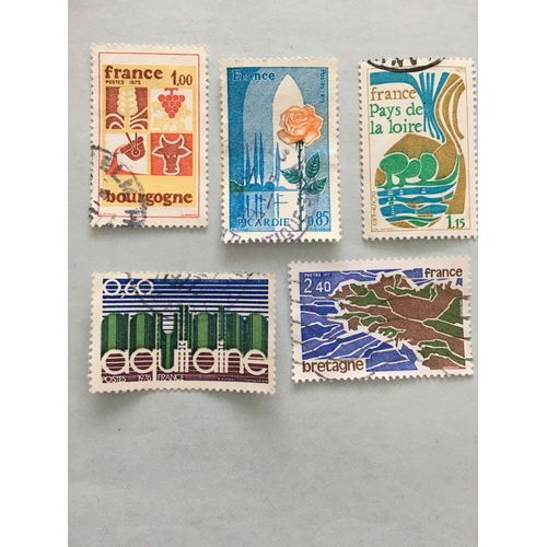 5 Timbres De 1975-1977 Emblèmes Des Régions De France Aquitaine Bourgogne Bretagne Pays De Loire Picardie
