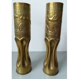Paire De Douilles D'obus Décorés Première Guerre Mondiale - Art - Oiseaux