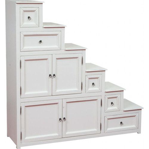 Commode Escalier Avec Tiroirs Rustique Style En Bois Massif De Tilleul Finition Blanche Antique -S Made In Italy