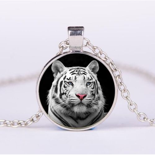 Expédié De Paris - Collier Chaîne Pendentif Ras De Cou Acier Tigre Blanc