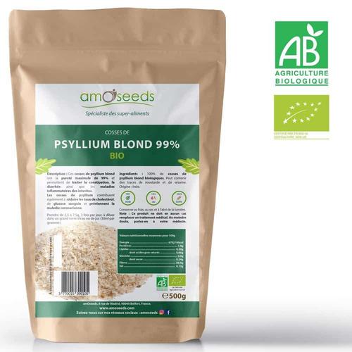 Psyllium Blond (Téguments) Bio 500g - Qualité Supérieure - Amoseeds 