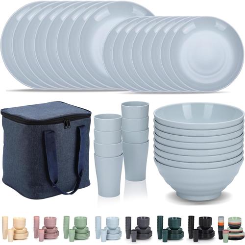 7. Bleu Clair Vaisselle En Plastique 32 Pièces, Tasses, Bols Et Plats Légers Réutilisables Pour Le Camping Et L'usage Quotidien, Lavable Au Lave-Vaisselle, Service Pour 8 Personnes (Bleu Clair)