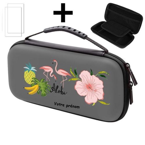 Etui Pochette Switch Lite + Verre Gris Personnalisee Flamant Fleur Gris