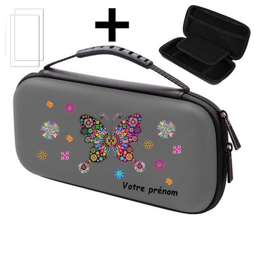 Etui Pochette Switch Lite + Verre Gris Personnalisee Papillon