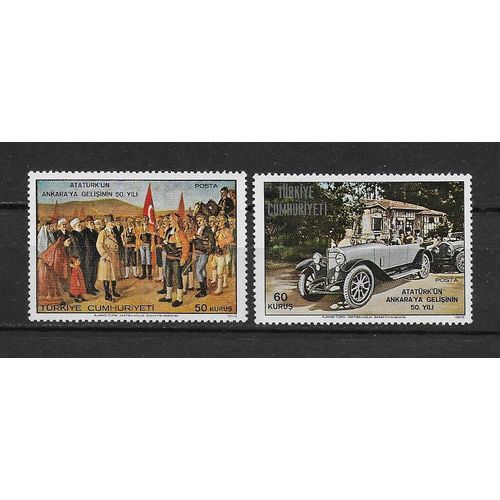 Turquie 1969 : 50è Anniversaire De L'arrivée De Kemal Pacha Atatürk À Ankara : Arrivée À Ankara / Automobile - Série Entière De 2 Grands Timbres Neufs *