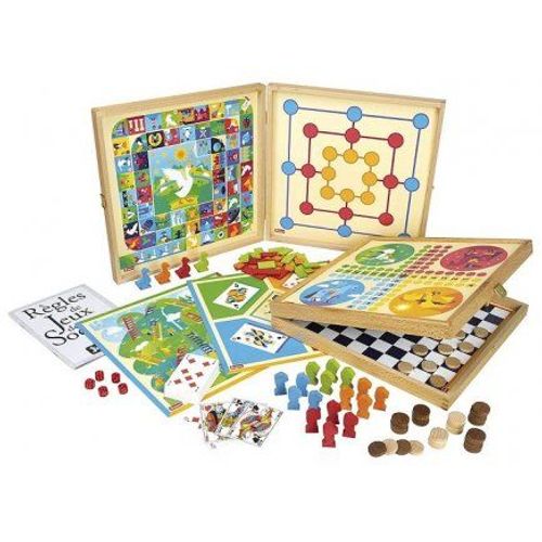 Malette Coffret Bois Jeux De Societe Classiques 80 Regles (16 Chevaux, 4 Oies, 40 Dames, Jetons, 5 Des) - Plateau - Pour Jeujura