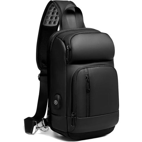 Sac de Poitrine Homme Imperméable Sacoche Homme Léger Sac Homme Bandouliere avec Port de Chargement USB Saccoche Noire Homme pour 9.7 Pouces iPad et Idee Cadeau Homme-Noir