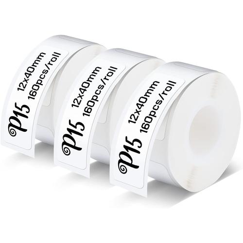 P15 étiquettes, 3 rouleaux 12mm*40mm ruban d'étiquettes thermiques autocollantes, compatible avec l'imprimante d'étiquettes P15, blanc, 160 étiquettes/rouleau