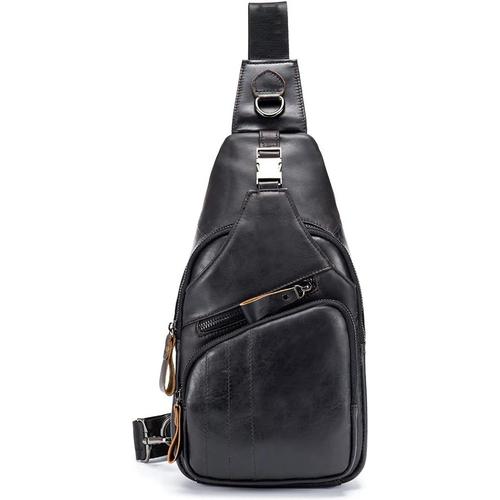 Sac de Poitrine Homme en Cuir Veritable Sacoche à Bandoulière Sac de Sports pour Homme Pochette Sacoche FR906 Noir