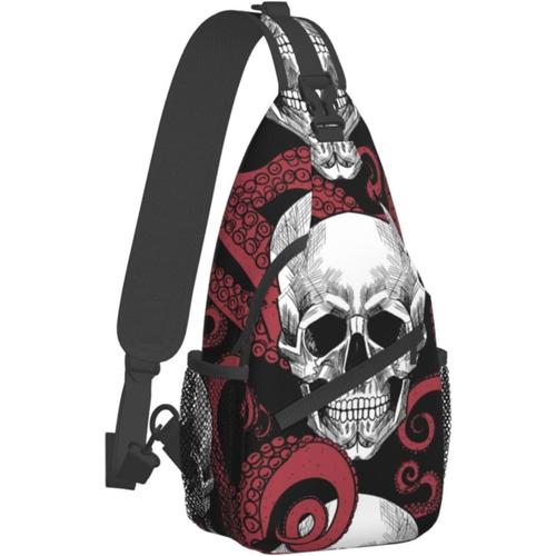 Sacoche Homme Bandouliere Tête De Mort Rétro Et Tentacules Rouges Octoplus Mode Sling Bag Léger Sac De Poitrine Homme Sac D'Epaule Pour Femme Homme Randonnée