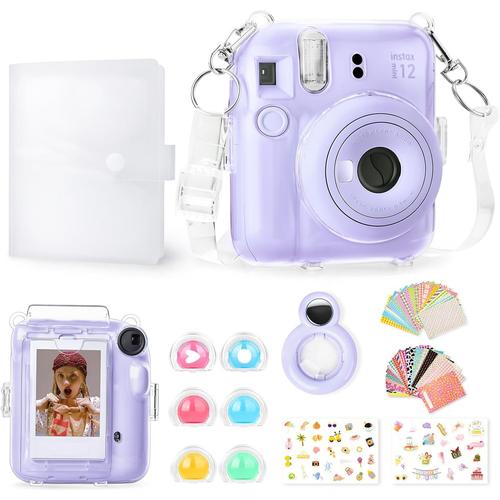 Accessoires pour Fujifilm Instax Mini 12, ensemble cadeau comprenant un étui transparent Instax Mini 12 avec sangle, un mini album photo, un miroir à selfie, des autocollants de bricolage, un