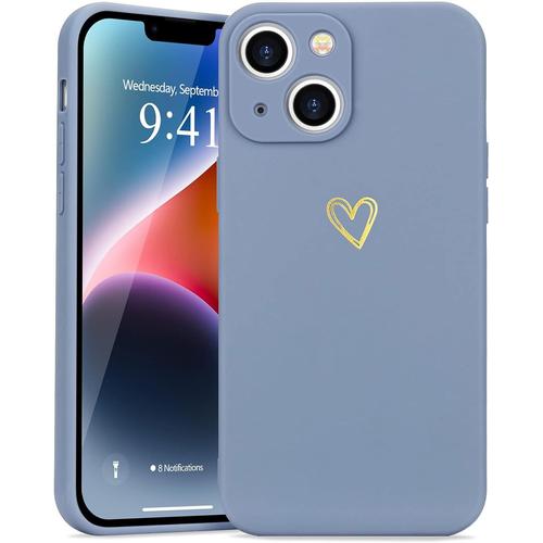 Coque Compatible Avec Iphone 14 Plus Antichoc Coque Silicone Tpu Avec Motif Coeur D'amour Doré Mignon Étui Protection Complète Souple Pour Iphone 14 Plus 6,7 Pouces (Gris)