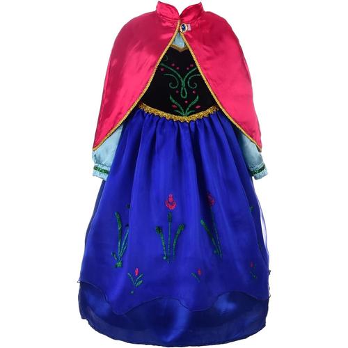 Deguisement Reine Des Neiges Robe Costume Princesse Anna Avec Cape Pour Enfant Fille, Anniversaire Fete Carnaval Halloween Cosplay, Bleu