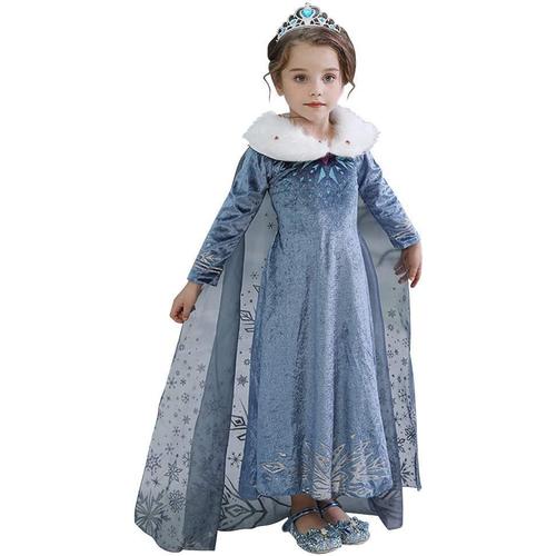 Déguisement Reine Des Neige Robe Princesse Anna Elsa Costume Frozen Avec Longue Cape Enfant Fille Anniversaire Noël Halloween Carnaval Cosplay Fête Costume 2-8 Ans