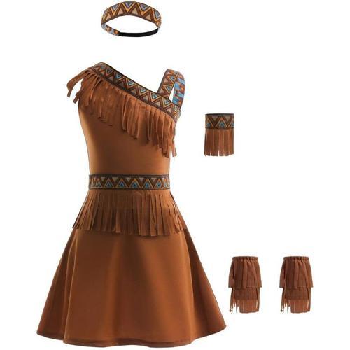 Deguisement Costume Robe De Princesse Pocahontas Avec Bandeau Et Accessoires Pour Enfant Fille Taille 3-8 Ans, Brun