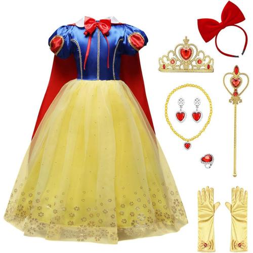 Iwemek Princesse Costume De Blanche Neige Avec Cape Filles Conte De Fée Robe De Carnaval Déguisements Snow White Cosplay Halloween Noël Robe De Soirée Cérémonie Anniversaire 3-8 Ans