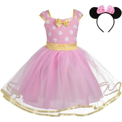 Deguisement Robe Princesse Minnie Enfant Fille, Anniversaire Fete Halloween Carnaval, Avec Oreilles De Souris Serre-Tete, Taille 3-4 Ans, Pois Rose (Étiquette En Tissu 120)