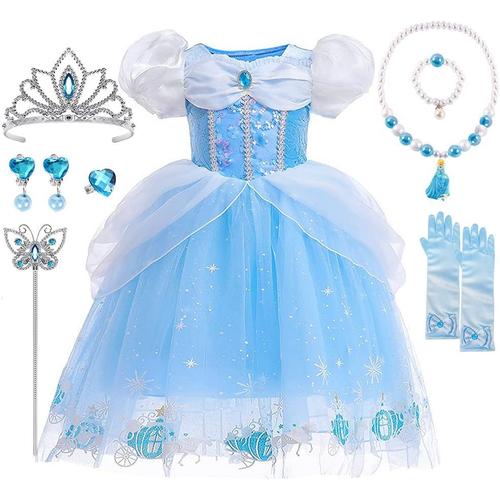 Deguisement Princesse Fille, Robe Princesse Cendrillon Avec Couronne Princesse Collier Ensemble, Cendrillon Costume Carnaval Enfant, Déguisement Cendrillon Fille Pour Anniversaire Cosplay