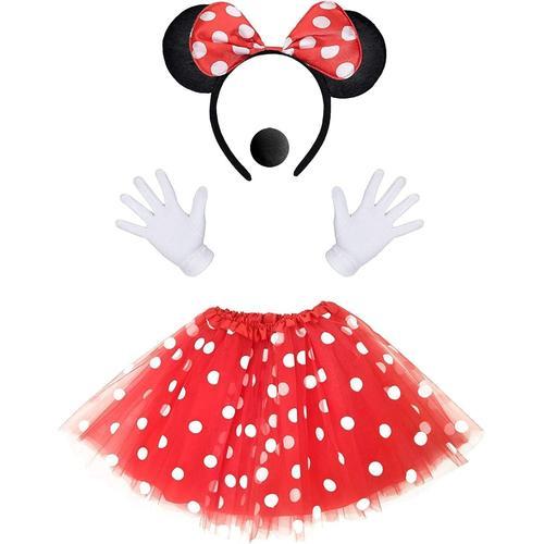 Deguisement Minnie Mouse Femme Fille- Minnie Tutu Rouge Bandeau Minnie Gant Blanc Nez Pour Accessoire Carnaval Costume Fête Anniversaire
