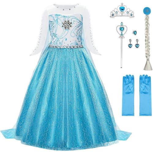 Robe Elsa, Déguisement Princesse Elsa Fille Robe, Robe Filles Costume, Costume Et Accessoires Noël Halloween Anniversaire Robe De Cosplay Couronne Baguette (100-150cm)