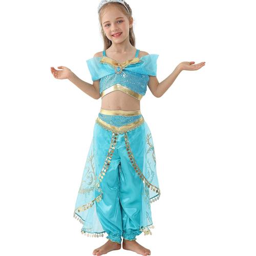 Deguisement Robe De Aladdin Princesse Jasmine Pour Enfants Filles, Costume D'halloween Vêtements De Fête D'anniversaire Cosplay De Carnaval, Avec Bandeau/Perruque/Cape