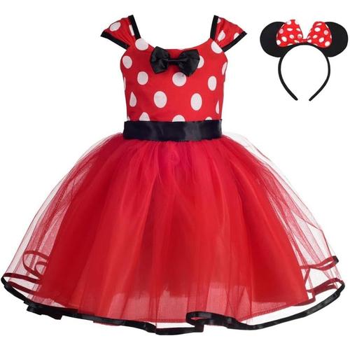 Deguisement Robe Princesse Minnie Enfant Fille, Anniversaire Fete Halloween Carnaval, Avec Oreilles De Souris Serre-Tete, Taille 6-7 Ans, Pois Rouge (Étiquette En Tissu 150)