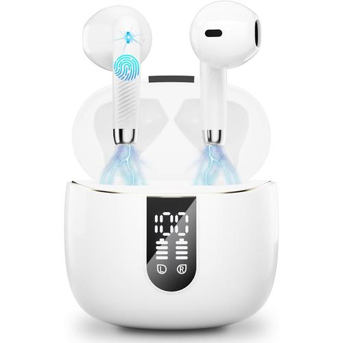 Ecouteurs Bluetooth sans Fil Sport, 40H Ecouteurs Bluetooth 5.3 avec 3D HiFi Stéréo, Oreillette Bluetooth avec ENC Antibruit Mics, IP7 Etanche Casque Bluetooth avec Écran LED pour iOS Android, Blanc