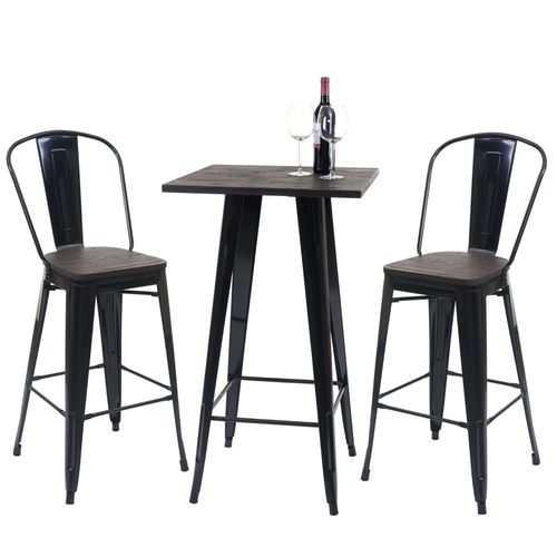 Set Table Mange-Debout + 2x Tabouret De Bar Hwc-A73, Plateau En Bois, Design Industriel, Métal   Noir