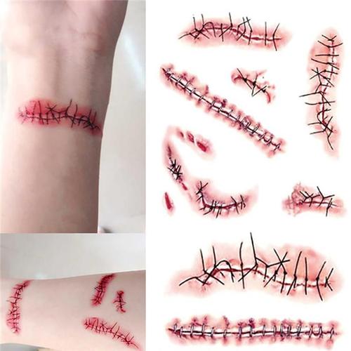 Autocollant De Tatouage Temporaire Imperméable Autocollant De Décoration 2019 6 Pièces Faux Tatouage Cicatrice Réaliste De Blessure Cérébrale D'halloween Décoration De Tatouage 