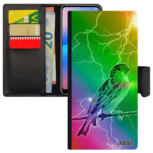 Coque Pour Xiaomi Redmi Note 7 Rabat Oiseau Etui Animaux Original Eclair Arc En Ciel Multicolore Vert À Clapet Moineau Design Nature