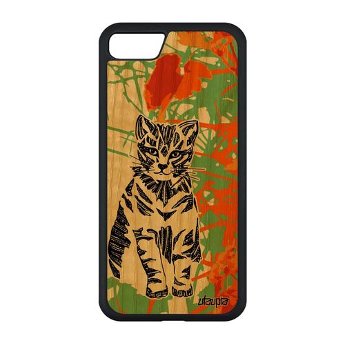 Coque Bois Chat Iphone Se 2020 Silicone Orange Rigide Felin Tribal Dessin Ethnique Chaton Azteque Telephone Animaux Etui Petit