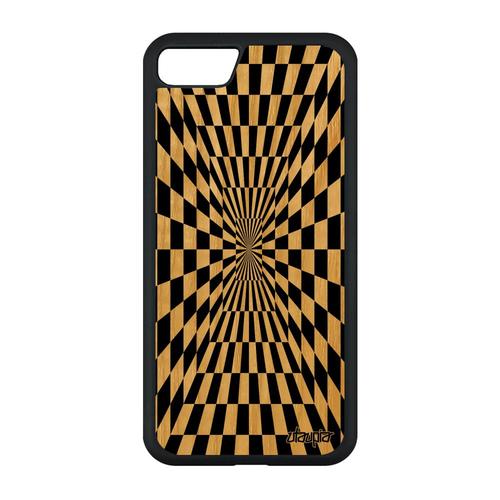 Coque Bois Veritable Pour Iphone Se 2020 Silicone Illusion D'optique Rigide Noir Et Blanc Portable Effet Geometrie Original De