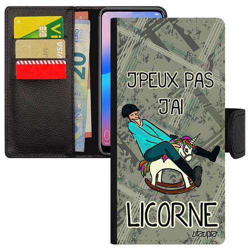 Coque Redmi Note 7 Rabat Portefeuille Je Peux Pas J'ai Licorne Design Bande Dessinée Magnetique Gris Cheval Humour Drole Etui Xiaomi