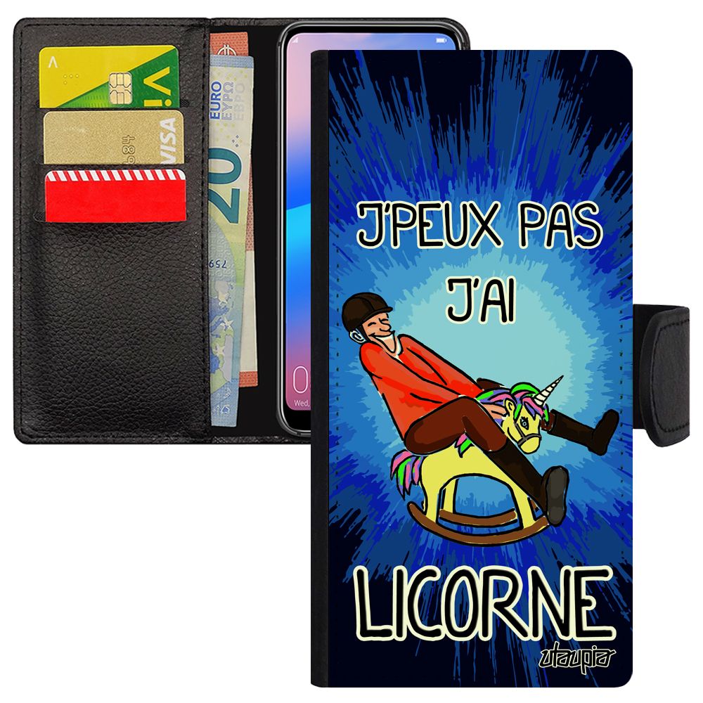 Coque Xiaomi Redmi Note 7 Simili Cuir Portefeuille J'peux Pas J'ai Licorne Telephone Bleu Cheval Drole Humoristique Humour Etui Noir