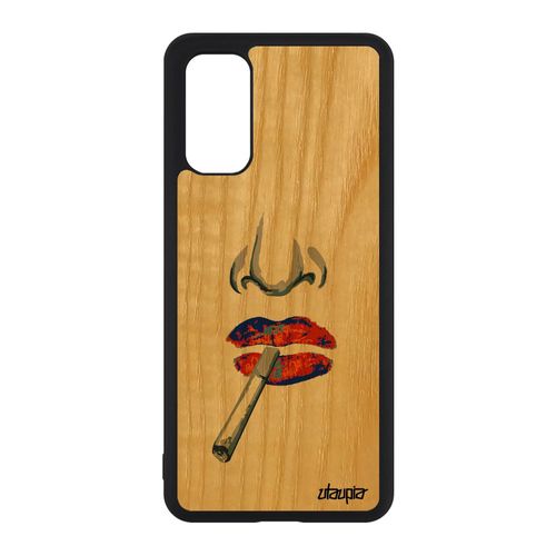 Coque Vrai Bois Naturel Veritable Samsung Galaxy S20 Silicone Portrait Femme Jaune Bisou Unique Rigide Abstrait Dessin Housse Levres
