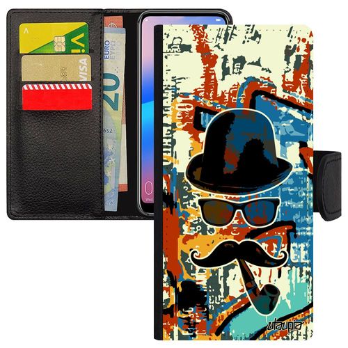 Coque Xiaomi Redmi Note 7 Cuir Monsieur Moustache Pipe Orange Case 4g Street Art Vintage Telephone Homme Design Etui Chapeau Melon