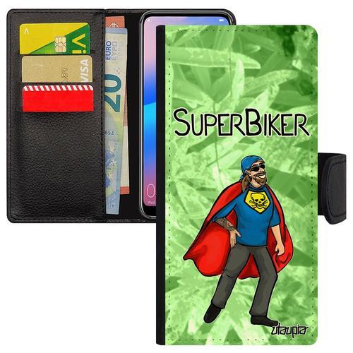 Coque Pour Huawei P40 Lite Portefeuille Super Biker Motard Magnetique Vert Humour Telephone Comique Etui Comics Bd Cover Smartphone